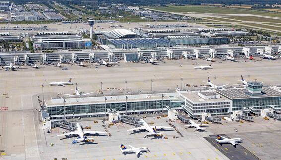 Aerial view of Munich Airport, Terminal 2 and the satellite terminal