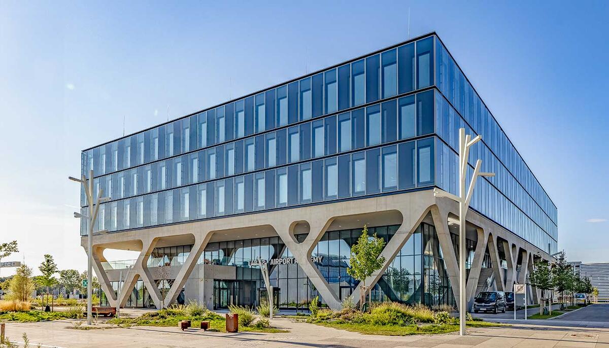 AirportAcademy at LabCampus Exterior view of the Academy building with glass facade