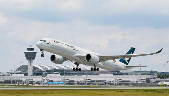 Inaugerial flight of Cathay Pacific Departing Airbus A350-900 of Cathay Pacific at Munich Airport